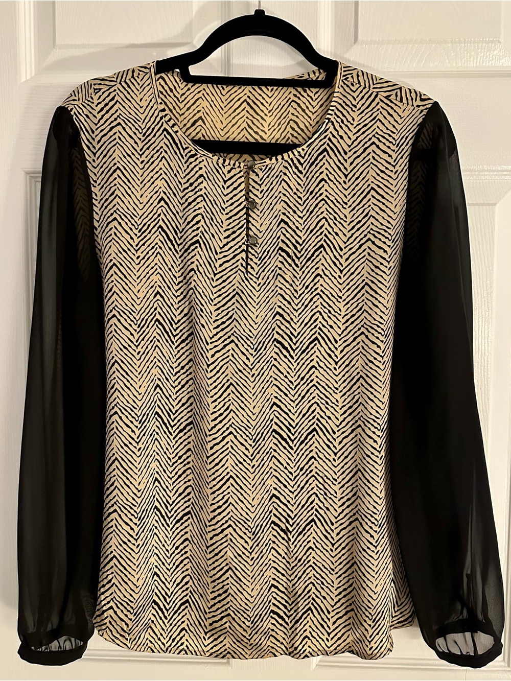 Silk Chevron Patterned Black and tan blouse with black sheer sleeves